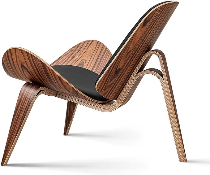 Mid Century Modern Shell Lounge Chair, PU Leather, Tripod Plywood Classic Design Solid Wood Accent Chairs for Living Room, Reading, Lounge, Office, Salon