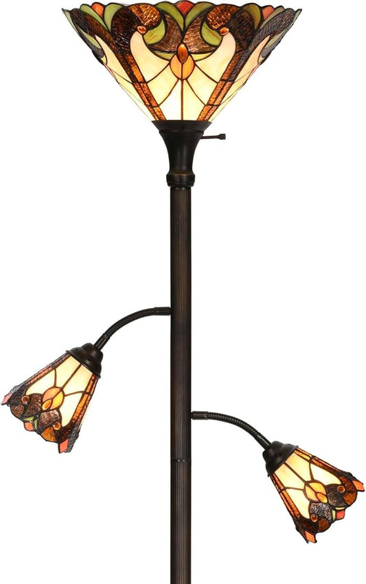 Bieye L10839 Baroque Tiffany Style Stained Glass Torchiere Floor Lamp with Sidelights for Reading, 70-inches Tall (Baroque, Brown)
