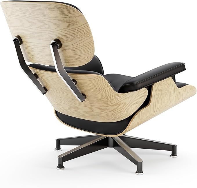 Top Cream White Grain Leather, Mid Century Chaise Lounge Chair and Ottoman, Modern Chair Classic Design, Walnut Wood, Heavy Duty Base Support for Living Room Office