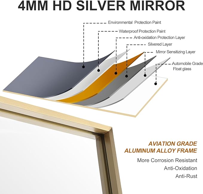 26x40 Inch Gold Bathroom Mirror - Copper-Free Mirror, Aluminum Alloy Frame Vanity Rectangle Wall Mounted Modern Mirror for Bedroom/Living Room/Porch Horizontal or Vertical