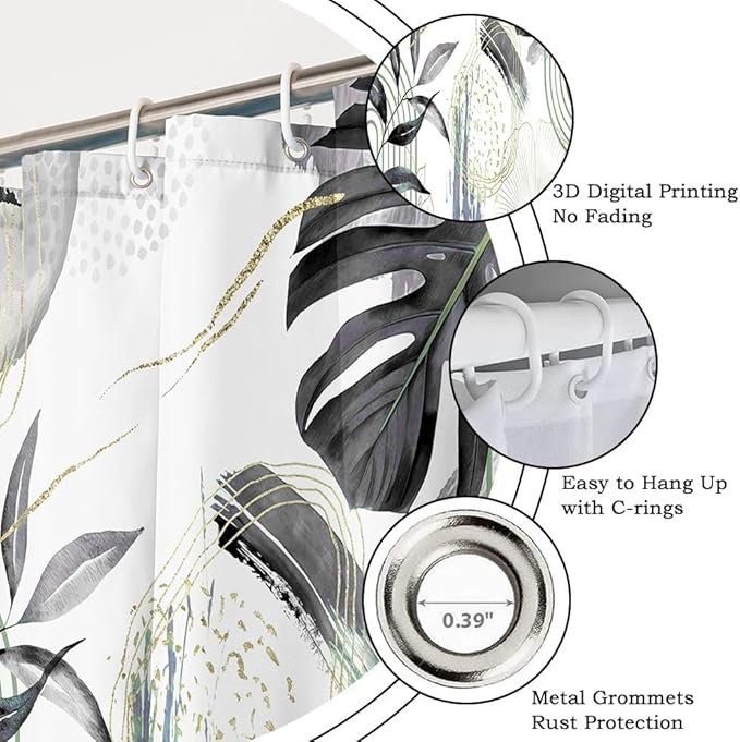 Mid Century Boho Shower Curtain Gray Tropical Palm Leaf Retro Abstract Minimalist Aesthetic Bathroom Decor Watercolor Plant Bathtub Curtains Washable Waterproof Polyester Fabric with Hooks 36x72 Inch