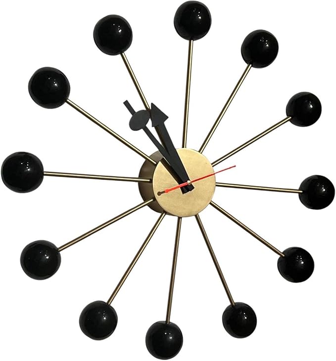 Mid Century Modern Ball Clock – George Nelson Style Wooden Wall Clock, Retro Starburst Design, Silent Non-Ticking Decorative Wall Decor for Living Room, Office, Kitchen & Home (Black, 18 Inch)