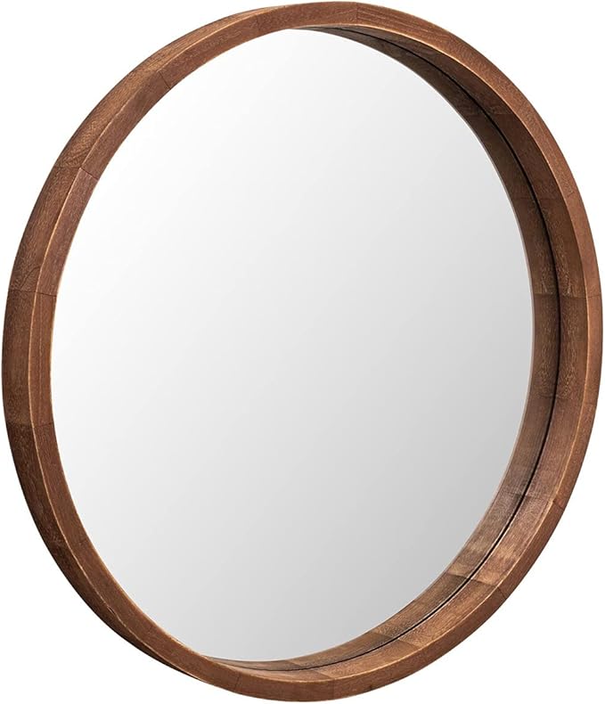 LYYYXGYP Round Wood Mirror 24 Inch Farmhouse Wall Mirror Wooden Framed Brown Circle Mirror for Bathroom
