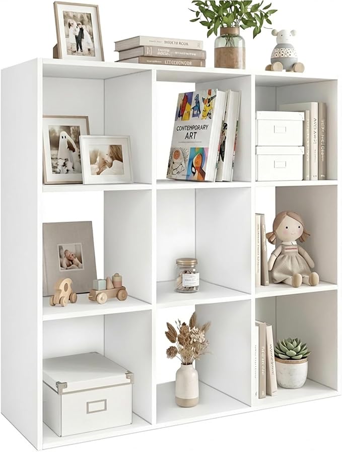 Endearing Limons【2026 Wooden 9 Cube Shelf Storage Organizer with Anti-Tipping Kits + Reversible Open Back Solid Panel Bookcase (11 x 11 Unit Cell White)