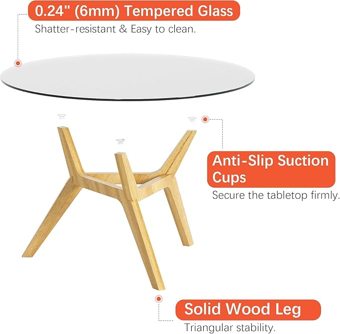 Glass Coffee Table - Round Coffee Table with Clear Tempered Glass Top, Modern Low Minimalist Center Table, Sturdy Solid Wood Coffee Table for Living Room Home Office, Wood