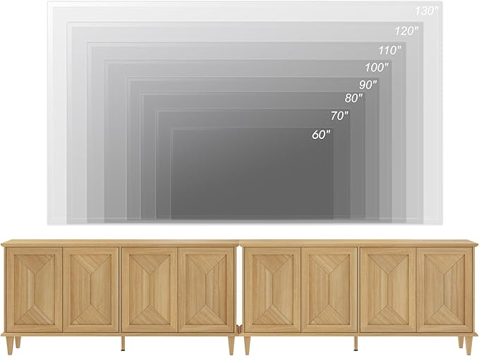 WAMPAT 130-inch Handcrafted Patchwork Decorative Buffet Cabinet with Pop-Up Design Doors,2-in-1 Large Modern Farmhouse Accent Credenza for Coffee Bar, Kitchen, and Living Room, Natural Oak