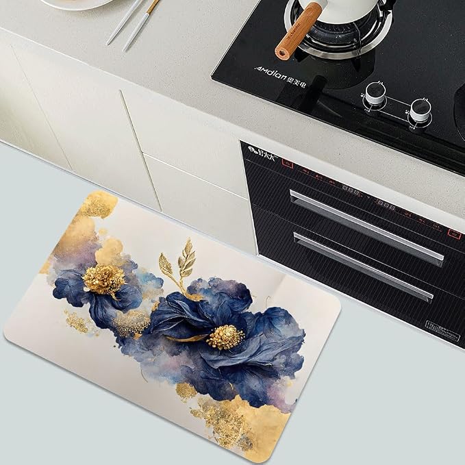 Diatomaceous Earth Bath Mat,Watercolor Flowers Gold and Blue Non-Slip Volume Super Absorbent Fast Drying for Bathroom Kitchen Door mat,Eco-Friendly Easy to Clean 16×24Inch (40 * 60cm)