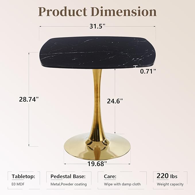 Square Dining Table,31.5" Tulip Table with Metal Pedestal,15-Minute Quick Assembly,Mid Century Modern Leisure Table for Kitchen Small Places Cafe (Faux Marble Black Gold)