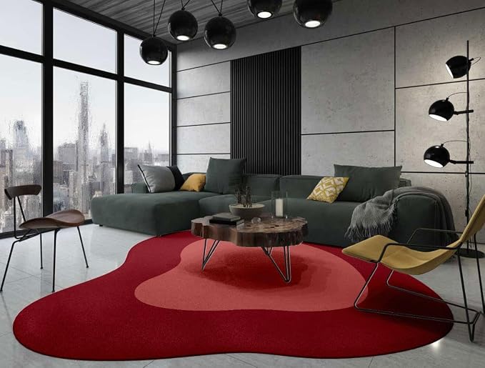 Modern Abstract Shaped Rug 9ft Burgundy Red Irregular Area Rug for Diningroom Living Room Bedroom Office Non Shedding Washable Indoor Carpet Stain Resistant Anti Slip Under Dining Table Floor Cover