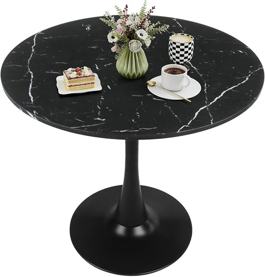 Round Dining Table 31.5" Faux Marble Black Tulip Table with Pedestal Base for 2-4 People Small Space - Kitchen Living Room Cafe