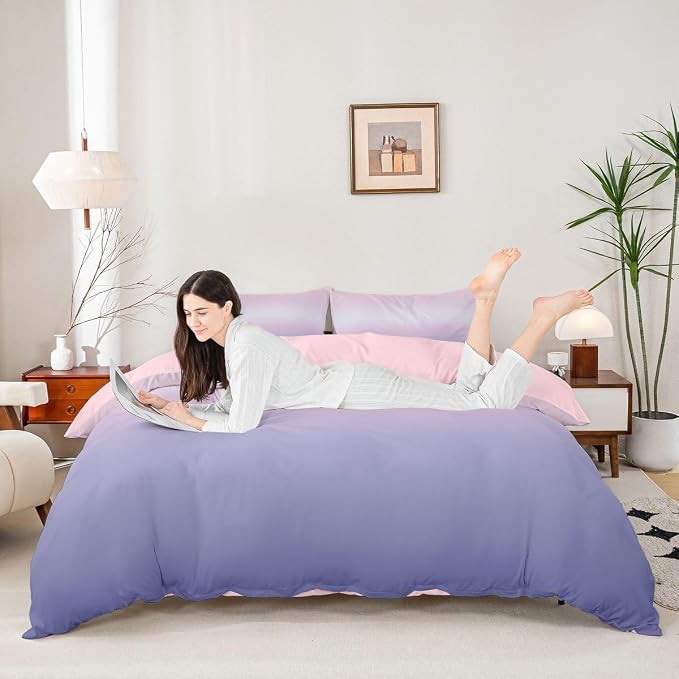 Erosebridal Pink and Purple Bedding Set King Modern Ombre Duvet Cover for Kids Teens Abstract Rainbow Comforter Cover Watercolor Artwork Bed Set with Zipper