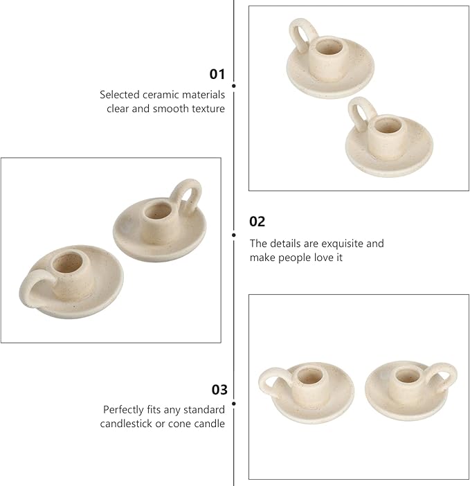 DOITOOL 2Pcs Ceramic Candle Holder Candlestick Holder with Handle, Taper Candle Stand Candlelight Stand Holder Decorative Candle Display Holder for Desktop Dining Room Home Decoration Display (Beige)