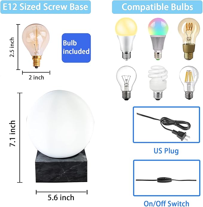 FLORNIA Globe Ball Lamp Modern Industrial Table Lamp, Unique Bedside Nightstand Desk Lamp with Glass Shade and Solid Wood Base for Bedroom, Living Room, Decoration (Include Bulb G45)