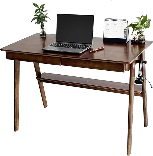 Mid-Century 47" Desk Solid Wood Writing Desk with 2 Drawers and Lower Shelf, Home Office Table for Study or Work or Dining with 2 Hanging Rod, Walnut