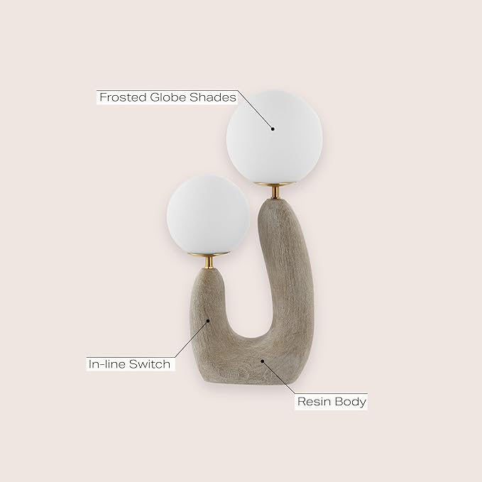 JONATHAN Y 18" Gray Wood Finish 2-Light Mid-Century Scandinavian Resin Cactus LED Table Lamp, Brass Iron Accents, Frosted Glass Globe Shades, LED Bulbs Included JYL4064A