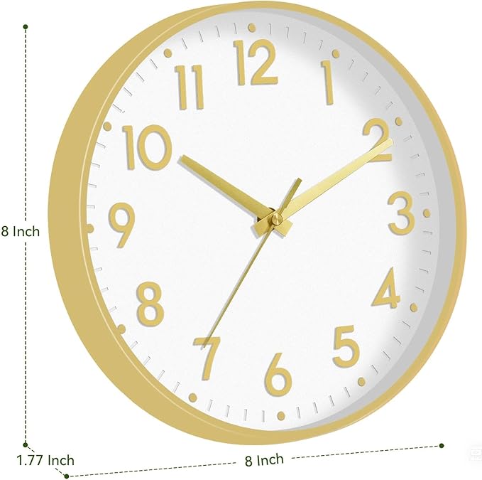 Mosewa Wall Clock 8 Inch, Battery Operated Silent Non-Ticking Modern Analog Clock Decorative for Kitchen, Bedroom, Office(White Gold)