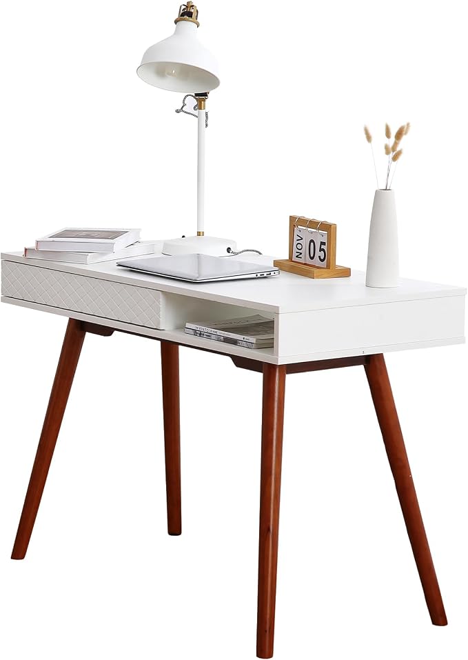 Small White Writing Desk, 42.5 Inch Mid Century Modern Office Desk with Storage, Multifunctional Wooden Study Table Computer Table for Bedroom, Living Room, Home Office