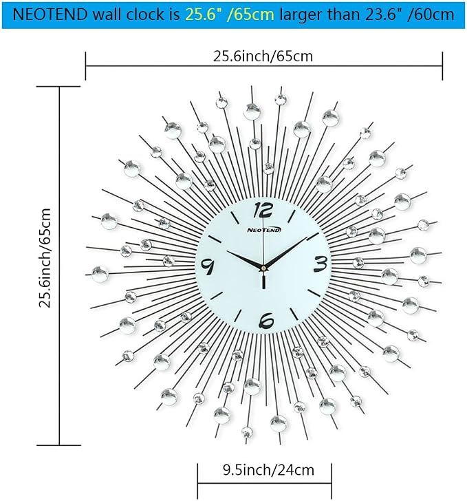 Modern Wall Clock for Living Room Decor Large Bedroom Silent Decorative Wall Watch Metal Quiet Crystal Kitchen Big Office Farmhouse Frameless 25.6 Inch