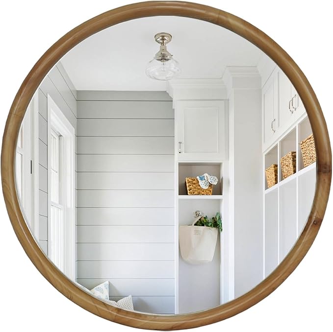 Round Wood Framed Wall Mirror Natural Wooden Circle Mirror for Bathroom Chamber Entryway Mid-Century Modern Decorative Mirror Practical