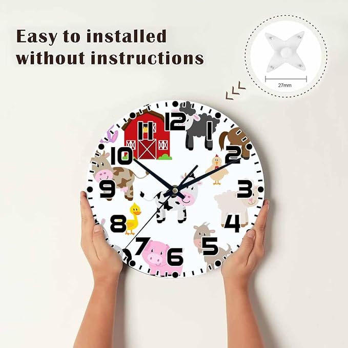 Farm Animals and Barn Wall Clock Pigs Rabbits Goats Chickens Battery Powered Wall Clock Silent Non Ticking 10 Inch for Living Room, Kitchen, Home,Bathroom, Bedroom