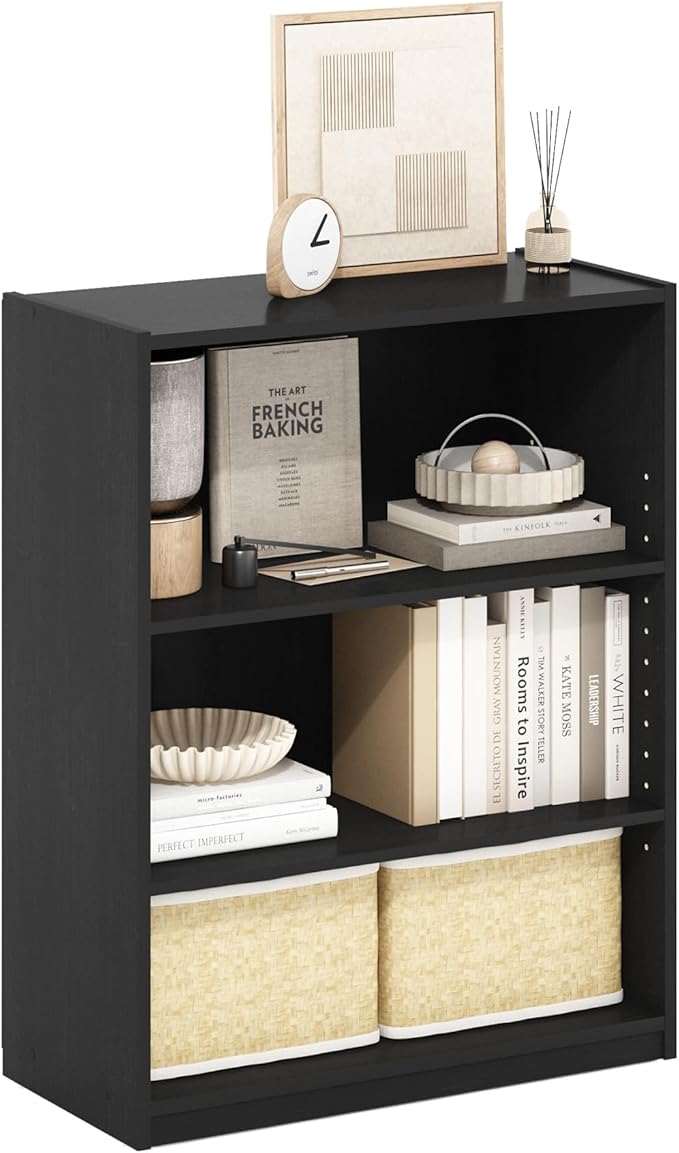 Furinno GEHRY Book Shelf, 3-Tier Small Bookshelf, Bookcase with Adjustable Shelves, 11.6 x 24.8 x 31.6, for Organization and Storage, for Living Room, Bedroom, Home Office, Blackwood