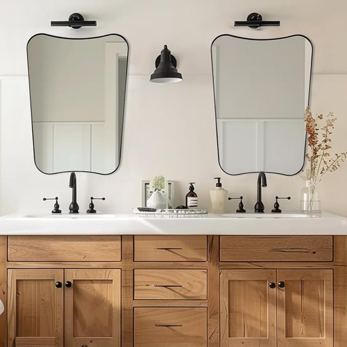 MIRRORTART Contemporary Black Bathroom Wall Mirrors, 22x30'' Asymmetrical Scalloped Butterfly Rectangle Mirror in Stainless Steel Metal Frame for Home Decor Wall Mounted Vertical Only