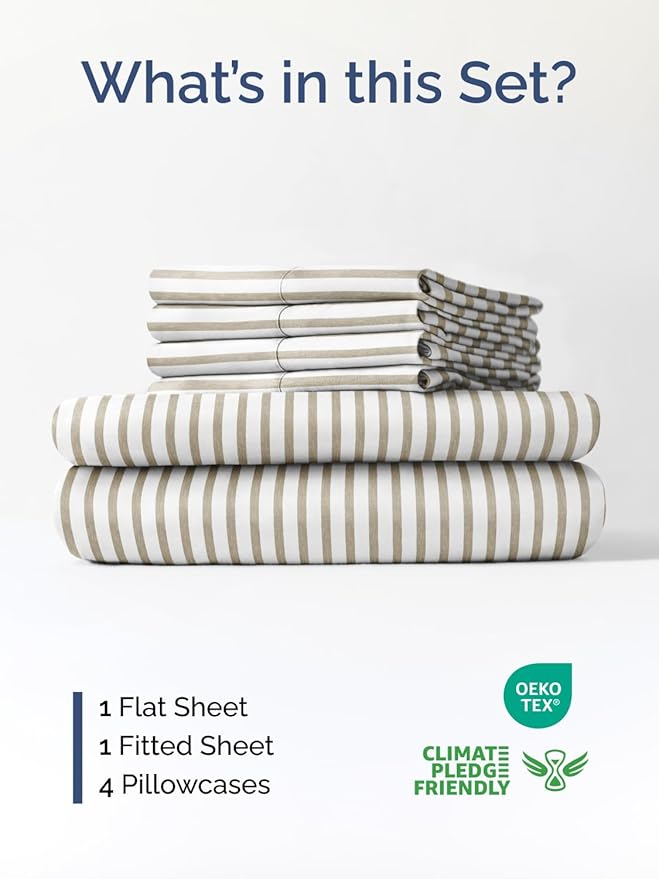 Extra Deep Queen Sheet Set - 6 Piece Breathable and Cooling Sheets - Hotel Luxury Bedding for Women, Men, Kids & Teens - Easy Secure Fit - Soft & Wrinkle Free with Extra Deep Pockets - Beige Stripes