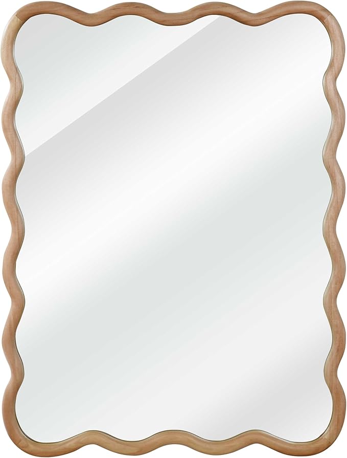 40x30 Inch Wooden Wavy Rectangle Wall Mirror, Modern Solid Wood Frame Decorative Accent Mirror for Bedroom, Bathroom, Living Room, Entryway, Natural Wood Color