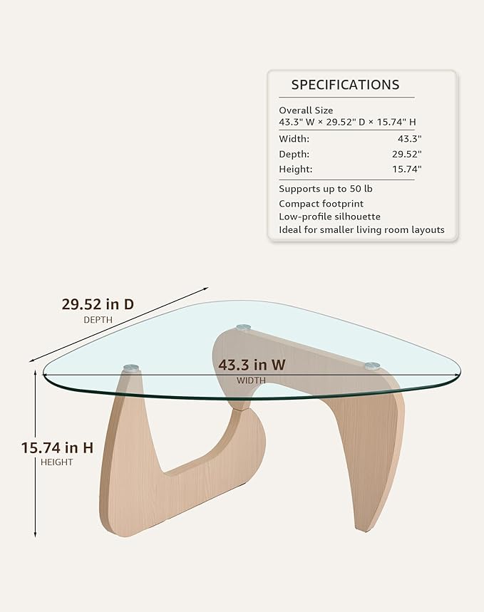 Glass Coffee Table for Living Room, 43.3" Triangle Coffee Table with Clear Glass Top and MDF Wood Base, Mid Century Modern Center Table for Apartment, Sofa, Lounge, Reception Space