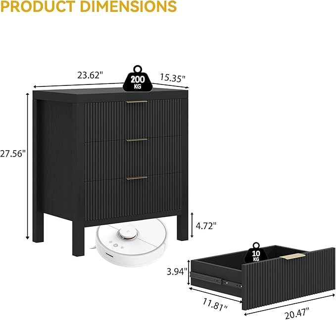 Nightstand with 3 Drawers, Dresser and Nightstand Sets, Bedside Tables, Mid Century Nightstands with 3 Wide Drawers for Bedroom, Kids’ Room, Hallway - Black