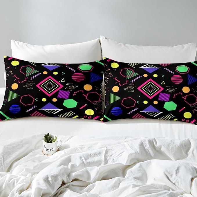 80s 90s Bedding Set Memphis Pattern Old Fashioned Comforter Cover King,Geometric Abstract Colorful Dots Funky Duvet Cover Retro Bed Set,Multicolor Cute Vintage Rainbow 80'S Style 1980S Home Decor