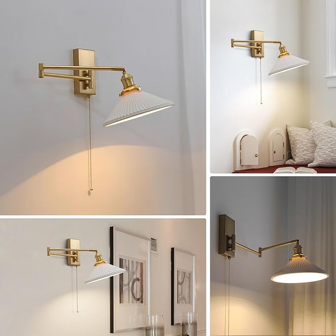 Vintage Milk Glass Wall Sconce Modern Rushed Brass Swing Arm Wall Light Mid Century Gold Wall Sconce with Pull Chain Wall Mounted Light Fixture White Ceramic Wall Lamp for Bedroom MWL14A-1