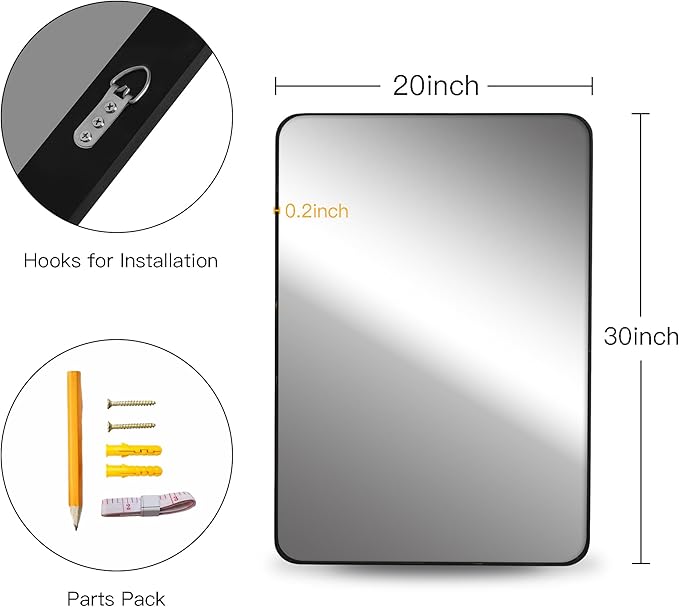 CULER Black Bathroom Wall Mirror,20 x 30 Inch Rectangle Vanity Modern Tempered Glass Mirror for Bedroom,Living Room,Entryway (20x30 Inch, Black)