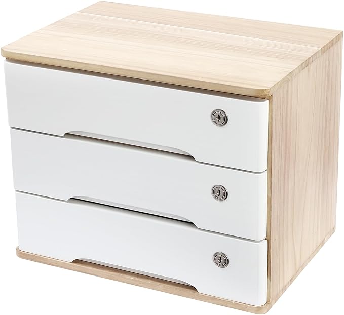 Desktop File Organizer with Lock, 2/3/4 Tier Multi-Drawer Wooden Storage Cabinet, Office Supply Organizer for Home Desk, Study & Workplace (Natural + White, 3 Layers)