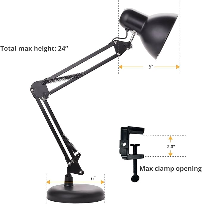 Newhouse Lighting 24-in. Wright Painted Black Metal Swing Arm Lamp with Weighted Base and Clamp NHDK-WR-BK, Tall Desk Lamp for Home Office or Home Improvement, Adjustable Office Desk Accessory