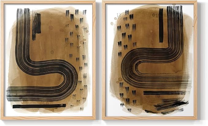 Renditions Gallery Set of 2 Peel & Stick Framed Prints, Abstract Wall Art, Hand Drawn Ink Curves Wall Decor, Re-Stickable - Ready to Hang - 8"x10" - NATURAL WOOD Frame LT588