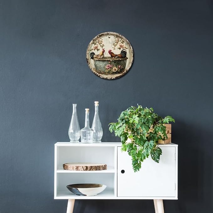 1pc Vintage Round Bathroom Aluminum Metal Decor Sign, 8x8 Inch, Chicken Themed Wreath, Use Without Electricity, No Feathers, with for Home, Living Room Wall Decoration