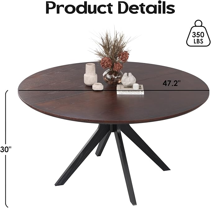 Soohow 47.2" Solid Wood Round Dining Table for 4-6 People with Intersecting Pedestal Base, Circle Kitchen Tables for Dining Room, Kitchen
