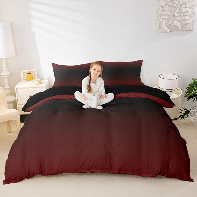 Erosebridal Red and Black Duvet Cover Queen Ombre Bedding Set for Kids Teens Abstract Gradient Comforter Cover Contemporary Art Bed Set, 2 Pillowcases