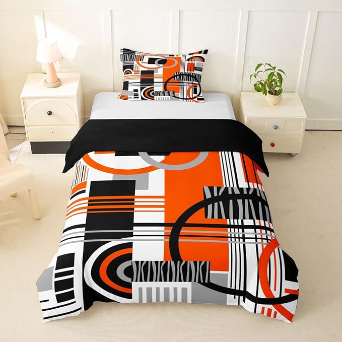 Erosebridal Art Deco Mid Century Duvet Cover Set Retro Modern Abstract Geometric Girl Toddler Bedding Set for Little Boys Black and White Orange Circles Stripes Comforter Cover Contemporary Bed Sets
