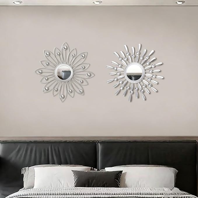 2 Pack Metal Mirrors for Wall Boho Sunburst Wall Mirror Home Decor Modern Decorative Wall Art for Bedroom Living Room Entryway