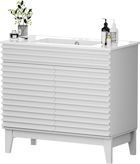 APRILSOUL 36" Bathroom Vanity with Ceramic Sink, Mid-Century Bathroom Vanity Cabinet with 2 Soft Closing Doors, Freestanding Bathroom Cabinet, Particleboard Frame with Wood Grain Laminate, White