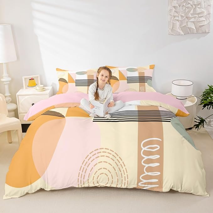 Erosebridal Pink Yellow Abstract Duvet Cover Full Size for Kids Teens Girls | Colorful Geometric Comforter Cover Minimalist Circle Modern Bedding Set Boho Contemporary Aesthetic Bed Set