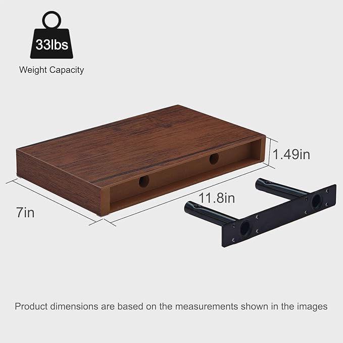 Bathroom Floating Shelves for Wall, Walnut Small 11.8" Floating Shelf for Storage, Display and Farmhouse Rustic Home Decor, Perfect Over Toilet for Bedroom, Kitchen or Living Room, 2-Pack