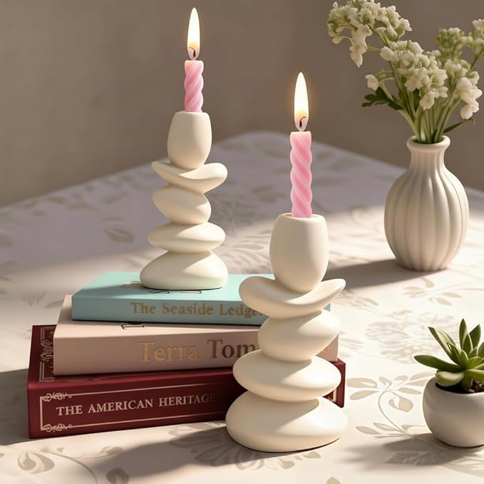 Faux Pebble Candlestick Holders,Set of 2 Natural Style Taper Candle Holders Candle Sticks Holder Decor for Dining Home Decor Table Centerpieces,Fits 0.87'' Thick Candles (Cream White)