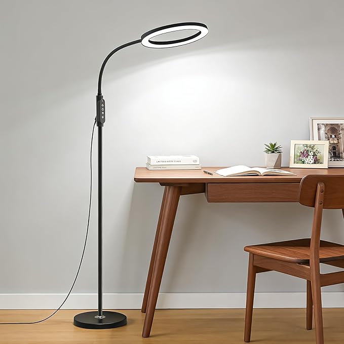 Bright 24W Dimmable LED Floor Lamps with Remote Adjustable Gooseneck Standing Light for Reading Makeup Tattoo Lash Extensions Black Modern Smart Tall Lamp Living Room Bedroom Office