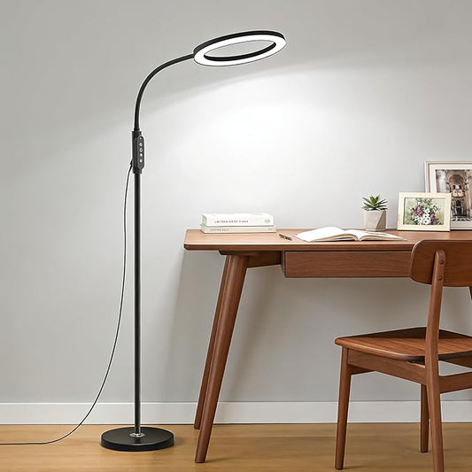 Bright 24W Dimmable LED Floor Lamps with Remote Adjustable Gooseneck Standing Light for Reading Makeup Tattoo Lash Extensions Black Modern Smart Tall Lamp Living Room Bedroom Office