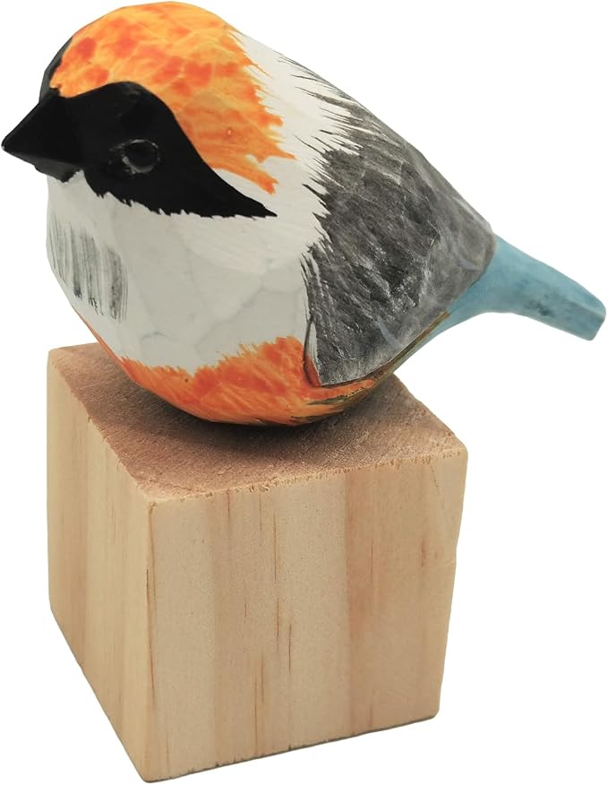 DIYOMR Bird Figurine, Hand Carved Birds Wood Décor, Art Animal Wooden Sculpted Bird with Wood Block, Vivid Bird Statue for Gift Home Table Ornament Decor (Red-Headed Tit)