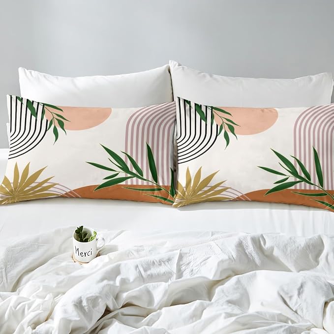 Erosebridal Geometric Leaves Comforter Cover King for Kids Teens Adults,Abstract Modern Brown Duvet Cover,Botanical Minimalist Bedding Set,Mid Century Aesthetic Bed Set 3 Pcs Bedroom Decor