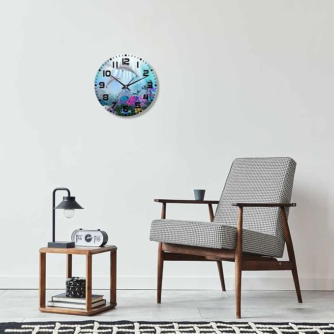 Underwater World Wall Clock 10 inch Round Silent Non Ticking Wood Wall Clocks Battery Operated Easy to Read Decorative Wall Clock for Bedroom Kitchen Living Room Bathroom